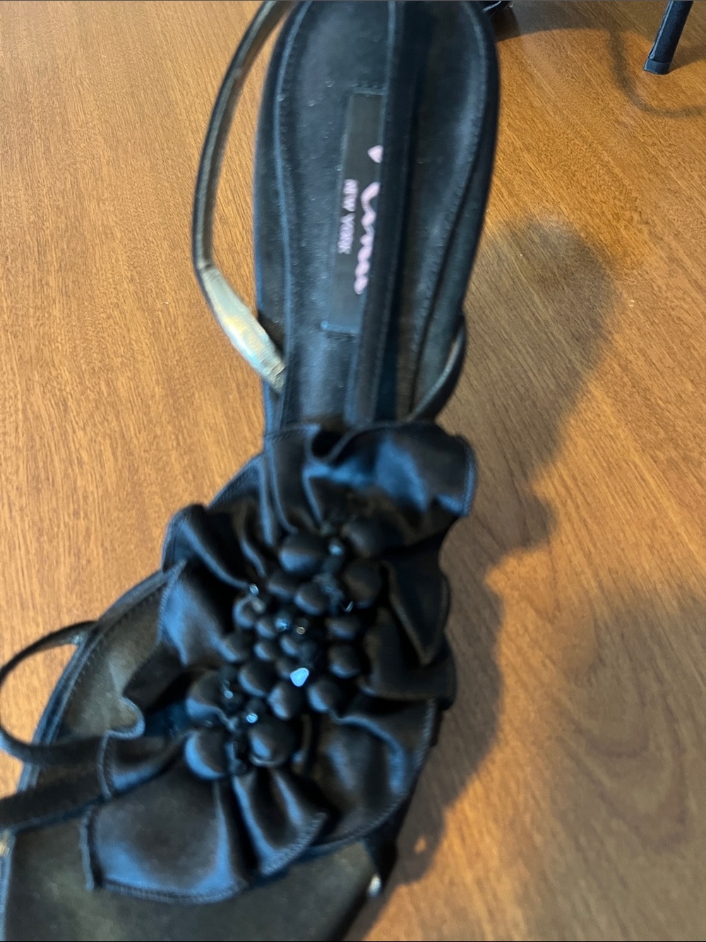 Nina Black Floral Slingback Heels with Gold Strap Accent - Picture 2 of 6